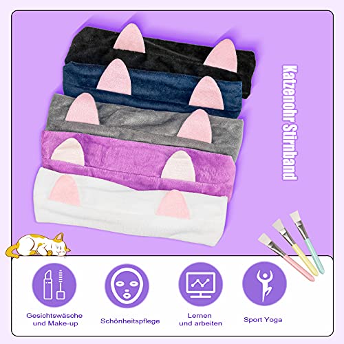 Haarband 6 Stück Stirnband Kosmetik Haarbänder mit Ohr für Frauen und Mädchen, Plüsch Stirnbänder Haarschmuck mit Maskenpinsel Gesichtschwamm und Haargummis für Gesicht Waschen und Make-up (Kätzchen)