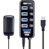 USB 3.0 Hub - Tendak 4 Port USB Hub with 4 USB 3.0 Data Ports + 1 USB Smart Charging Port and Power Adapter, Individual On/Off Switches for Mac Laptop HDD Disk PS4 Xbox One