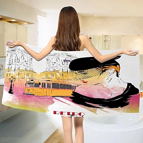 Girls Bath towel Lady with Vintage Hat Posing in front of Tramway Sketch Retro Romantic Art Cotton Beach Towel Orange Pink Black (55"x28")