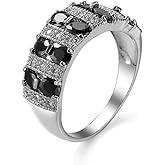 WTH OYE 925 Sterling Silver Full Diamond Ring Shiny Black Onyx Ring Oval Cut Cubic Zirconia Promise Rings CZ Black Gem Cocktail Rings Eternity Engagement Wedding Band Ring for Women W.53 (US Code 7)