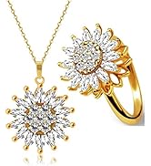MJartoria Sunflower Necklace and Ring Set-Fidget Rings for Anxiety Rhinestone Gold Color Jewelry ...