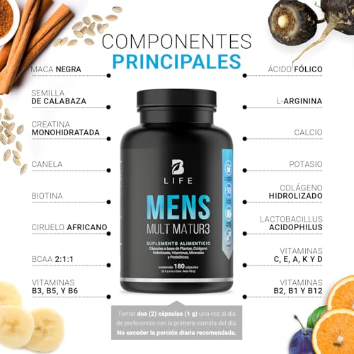 B Life Multivitamínico para Hombre 40+ | 180 Cápsulas con Vitaminas A, C, D, E y más Potenciadas con Calcio, Colágeno, Creatina y Probióticos para Vitalidad y Energía.