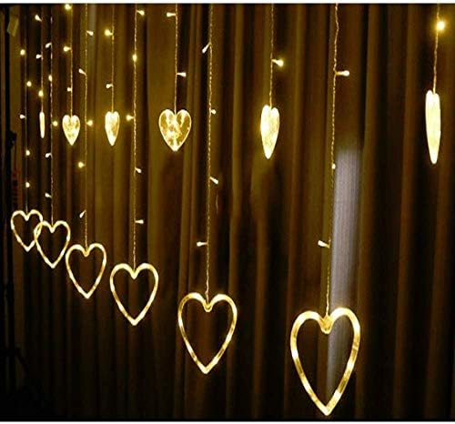 CurioCity Heart Light Curtain, String lights with 12 Hanging Hearts, 8 Flashing Modes, Decoration Warm White (Bright Golden)