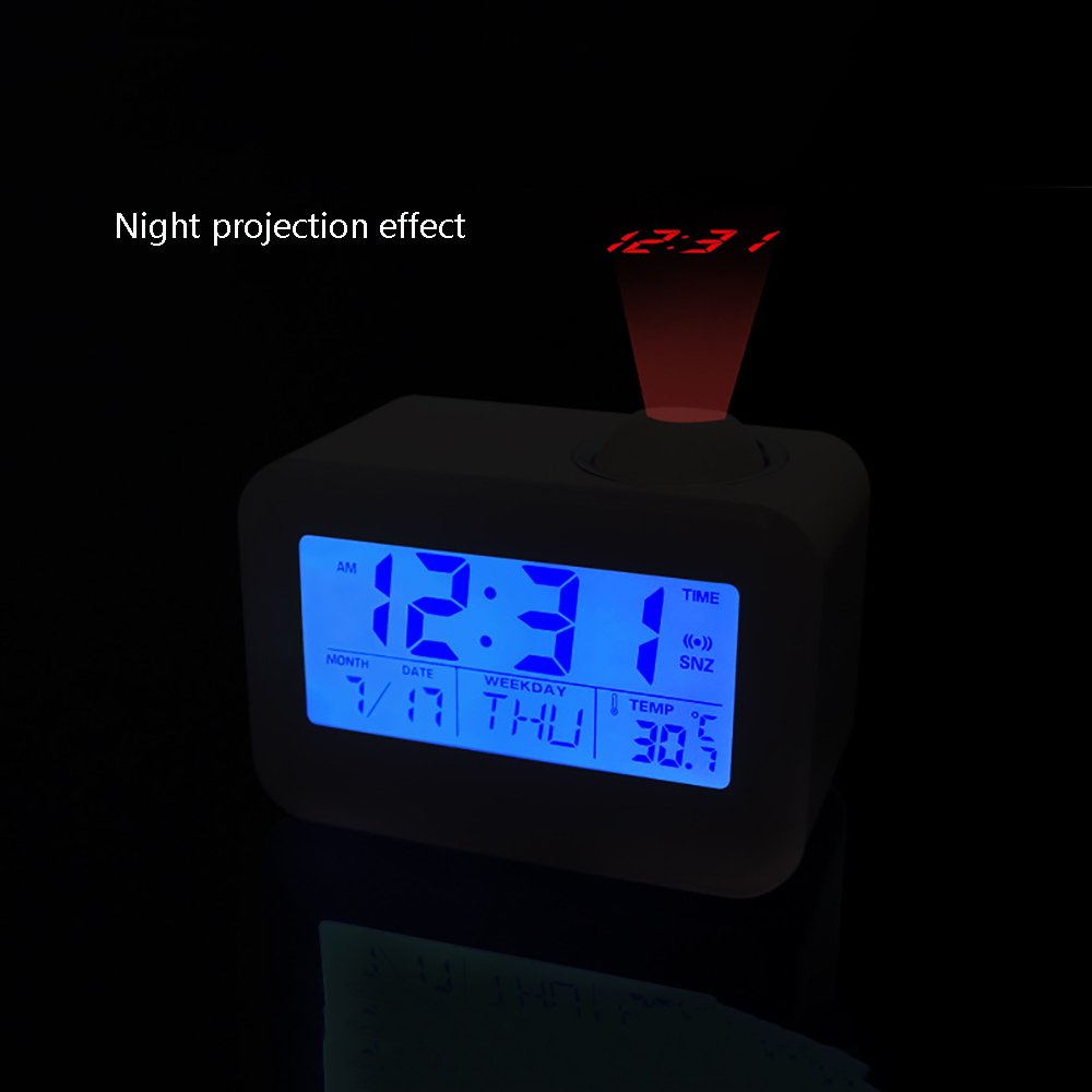LCD Digital Alarm Clock LED Ceiling Projection Voice Temperature Date