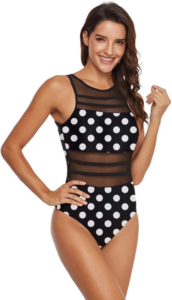 Women One Piece Mesh Swimwear Swimsuit Ruched Monokini Tummy Control Plunge Slimming Cutout Patchwork Bathing Suits