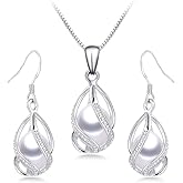 HENGSHENG Pearl Jewelry Set For Women S925 Sterling Silver/14K Gold Plated Necklace & Earrings Set Freshwater Pearl Pendant Cage Set for Wedding Anniversary Prom Birthday Gift
