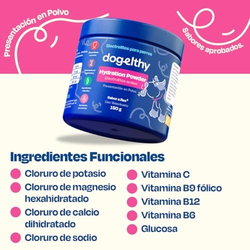 Dogelthy Hydration Powder. Electrolitos para Perro en Polvo Sabor Res. Suero Oral para Perro. Polvo Hidratante para Mezclar con Agua Ideal para Entrenamientos, Paseos o Viajes (150 gr)