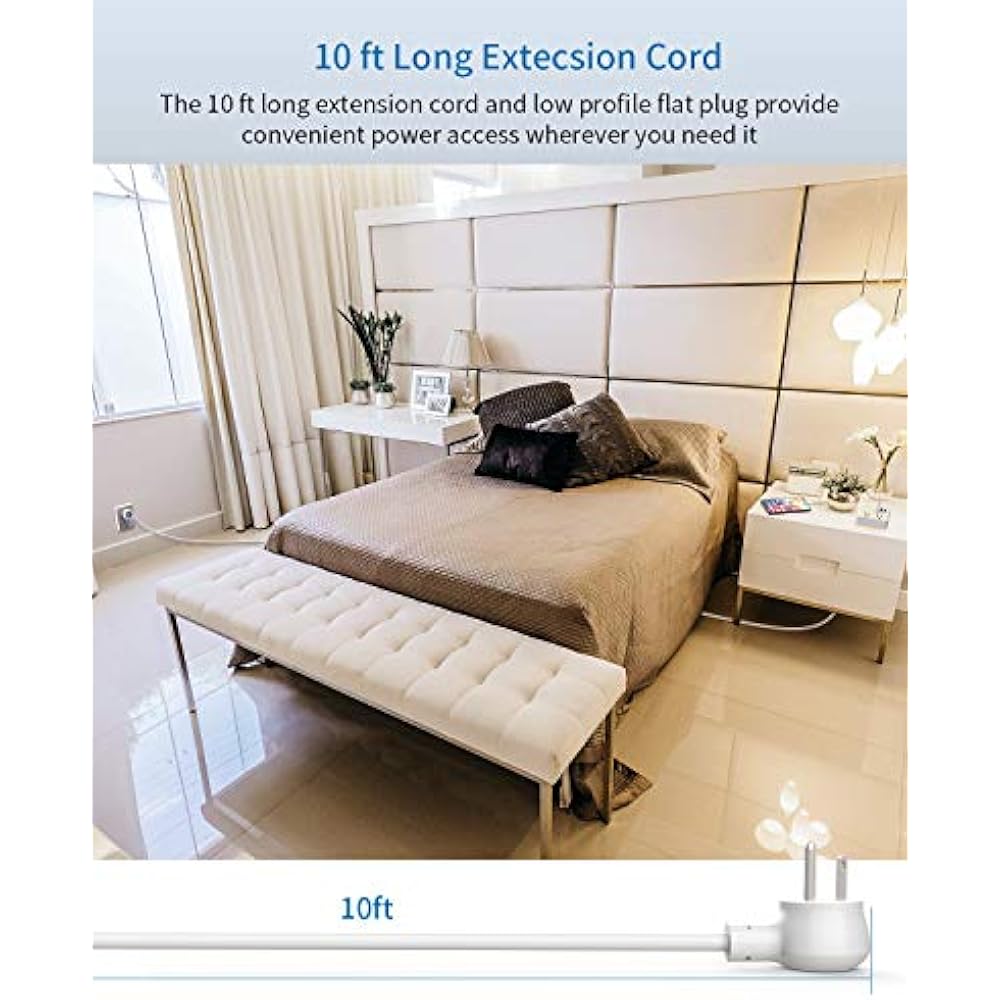 Nightstand Power Strip With USB, NTONPOWER Flat Plug Strip, 10ft Extra