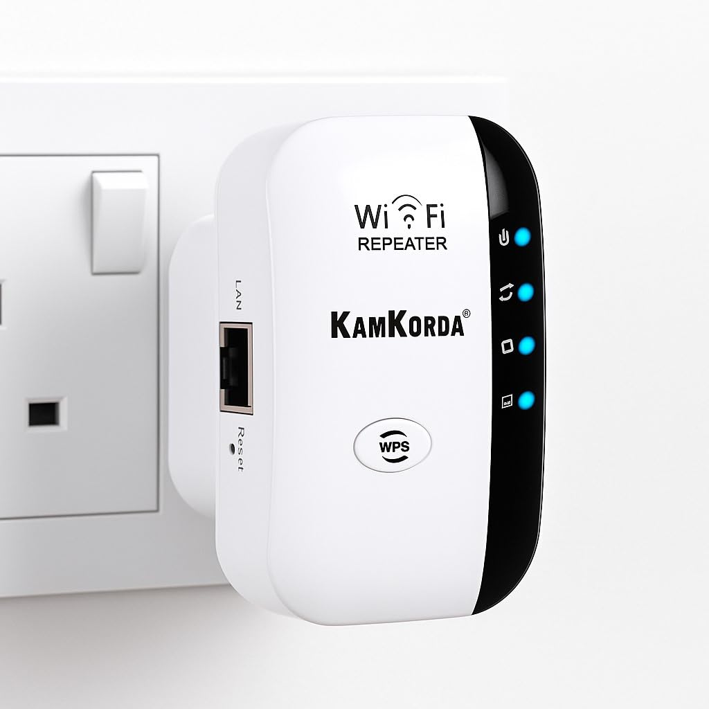 KamKorda WiFi Range Extender – 300Mbps Signal Booster with Ethernet Port, Plug-In WiFi Repeater for Home Coverage & Dead Zone Fix