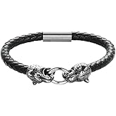 Edforce Stainless Steel Men's Panther Heads Braided Leather Bracelet Wristband