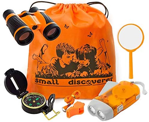 Explorer Kit Baby Binocular Flashlight Compass Magnifying Glass Whistle Backpack Play Kid Camping Gear Educational Toys Adventure Hiking Bird Watching Gift for 3-12 Year Old Boys (Orange)
