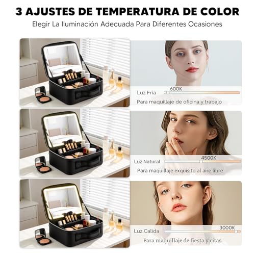 RAMSPIT Bolsa De Maquillaje Con Espejo y Led, Estuche De Maquillaje Con Lupa De 10X, Neceser Maquillaje, 3 Colores De Luz y Ajustes De Brillo, Compartimentos Ajustables DIY, Cosmetiquera De Viaje