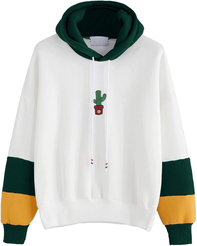 color block smile face printed round neck long sleeve hoodie