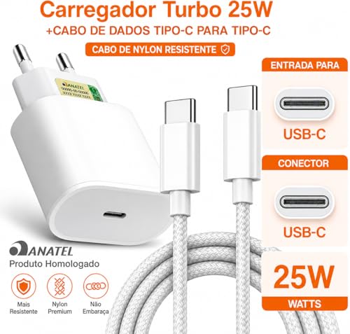 Carregador Super Turbo 25W Compatível iPhone 15/16/17, GALAXY - Todos ANDROID Entrada TIPO-C + Cabo Reforçado - Fast Power, Compatível Com Todos Dispositivos Com Entrada USB TIPO-C