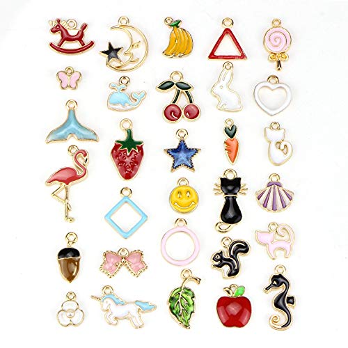 30 Pcs Assorted Enamel Charm Pendant Gold Plated Animals Fruit Moon Star Dainty Dangle Crafting Accessories for Necklace Bracelet Ankle Earring Jewelry DIY Making