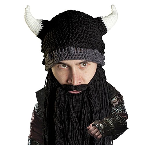 Huntiger Men's Head Barbarian Vagabond Beanie Foldaway Beard Hats Viking Horns Bearded Sports Novelty Knit Caps (Black)