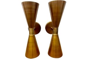 Mid-Century Modern Brass Wall Sconce - Set of 2, 1950s Italian Stilnovo Style Double Cone Hourglass Light Fixture, Brushed An