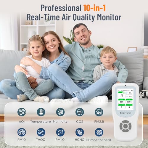 10 in 1 Indoor Air Quality Measurement Devices, LifeBasis CO2 Detector, AQI, PM1.0, PM2.5, PM10, TVOC, HCHO, Particles, Temperature and Humidity for Home, Office, School