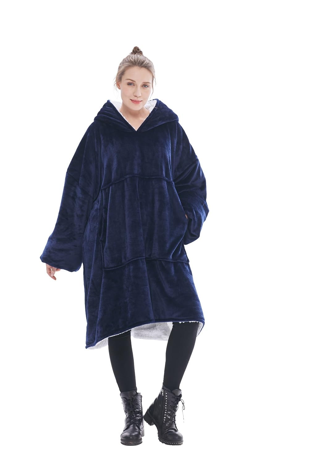 Blanket Hoodie Oversized Wearable Blanket Sweatshirt Fleece Sherpa Hooded Blanket for Women Flannel Wearable Throw Blanket with Sleeves, Big Hood and Pocket for Christmas, Navy Blue