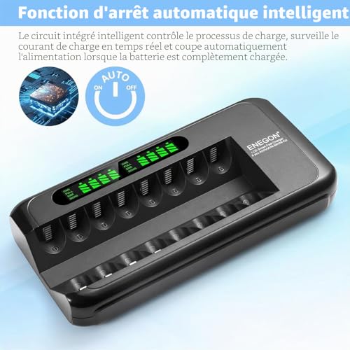 ENEGON AA AAA Rechargeable Battery Charger with LCD Display - 8 Independent Slots - Smart Ni-MH/Ni-CD Fast Charger with Protection - 100-240V AC Adapter