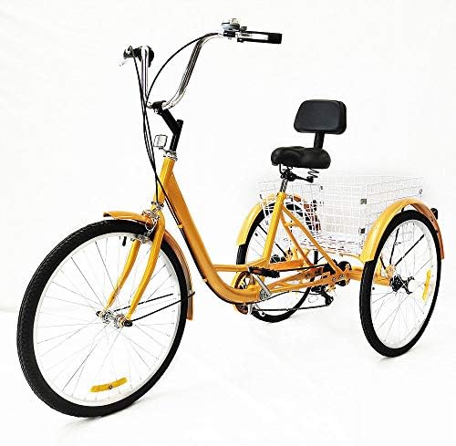 KAHE2016 24" 6 Speed 3 Wheel Adult Tricycle Adult Bicycle Cycling Pedal Bike with White Basket for Outdoor Sports Shopping