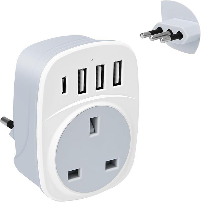 SHUOMAO UK to Italy Travel Adapter with 4 USB Ports Type L Converter