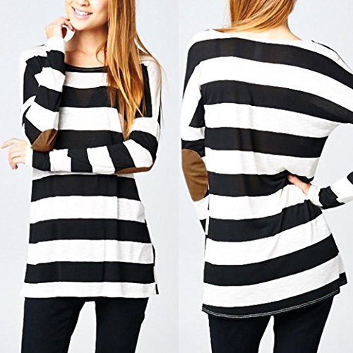 TAORE Women's Striped Loose Elegant Long Sleeve Elbow Patch T-Shirt (L, Black)