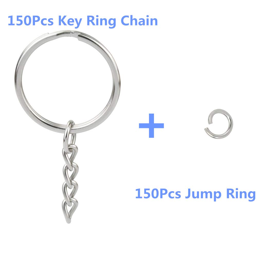 150 Pcs NANSSY 1 Inch/25mm Split Keyrings with Chain Silver Keychain Ring, Key Chains Rings Parts with Open Jump Ring and Connector.