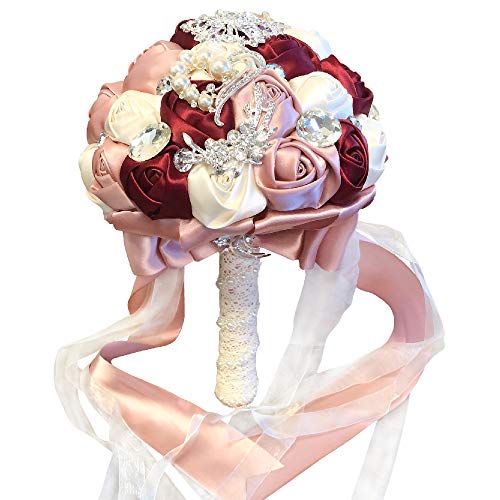Abbie Home Advanced Customization Romantic Bride Wedding Holding Toss Bouquet Creamy White Rose Brooch with Pearls and Rhinestone Decorative brooches Accessories-Multi Color (Burgundy + Pink)
