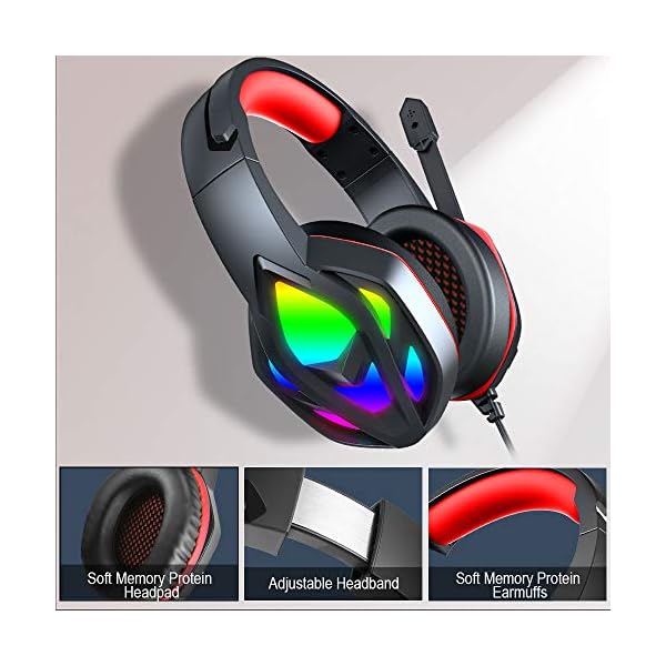 Gaming-Headset-for-PS4-PS5-Xbox-One-Stereo-Sound-Over-Ear-Headphones-with-Noise-Cancelling-Mic-Soft-Memory-Earmuff-PC-Gaming-Headphones-with-Colorful-LED-Light-35mm-Splitter-Cable-Included Gaming Headset for PS4 PS5 Xbox One, Stereo Sound Over Ear Headphones with Noise Cancelling Mic, Soft Memory Earmuff, PC…