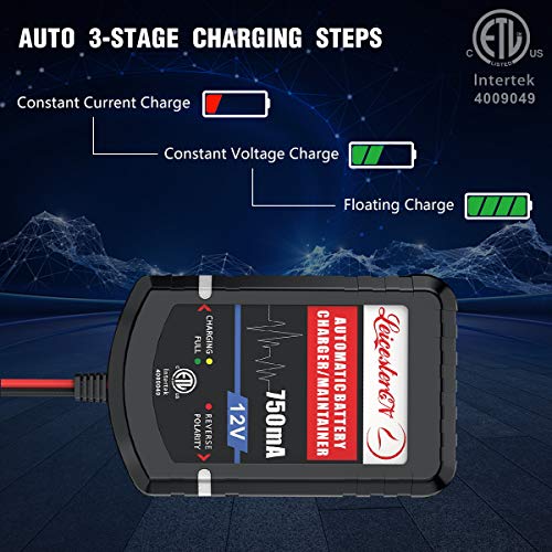LEICESTERCN Automatic Trickle Battery Charger Maintainer 12V 750mA Smart Float Charger for Car Motorcycle Lawn Mower Tractor Boat SlA ATV WET AGM GEL Cell Lead Acid Batteries