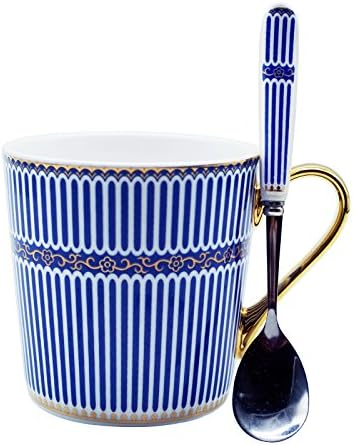 12 oz Ceramic Coffee Mug with Spoon, Novelty Espresso Hot Coffee Tea Milk Cup with Unique Blue Stripes Design and Gold Handle