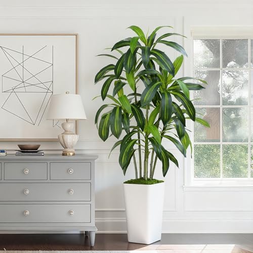 ZEEOZE 150cm Dracaena Plant Artificial Tree Tall Fake Tropical Floor Plants Potted Artificial Silk Tree Leaf Faux Trees White Tall Planter for Home Office Living Room Indoor Outdoor Decor