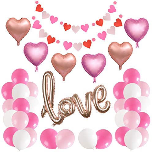 Decorations Kit Party Supplies - Sweet Gold Pink White Love and Heart Balloons Heart Banner Decoration Photo Background for Anniversary Wedding Birthday Baby Shower Celebrations and Party Supplies