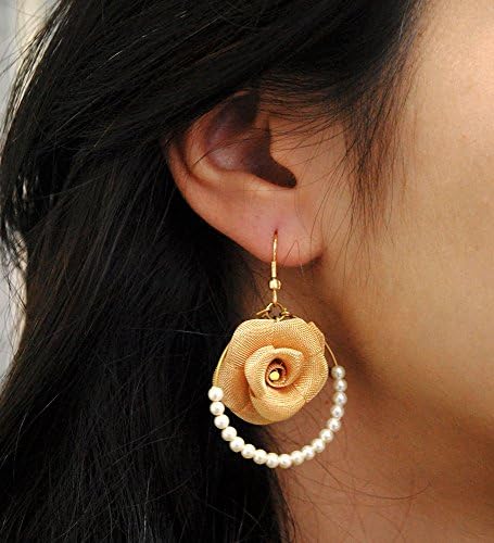 Abhika Creations Women's Golden Mess Rose With Pearls Beaded Hoop Handmade Earrings