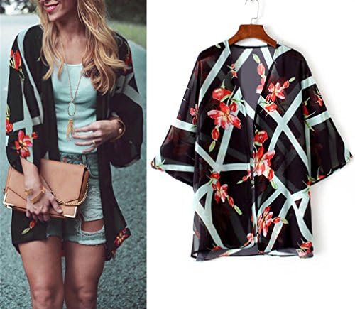 kolelin Women's Beach Wear Cover UPS Kimono Floral Cardigan Chiffon Blouses Shawl Wrap