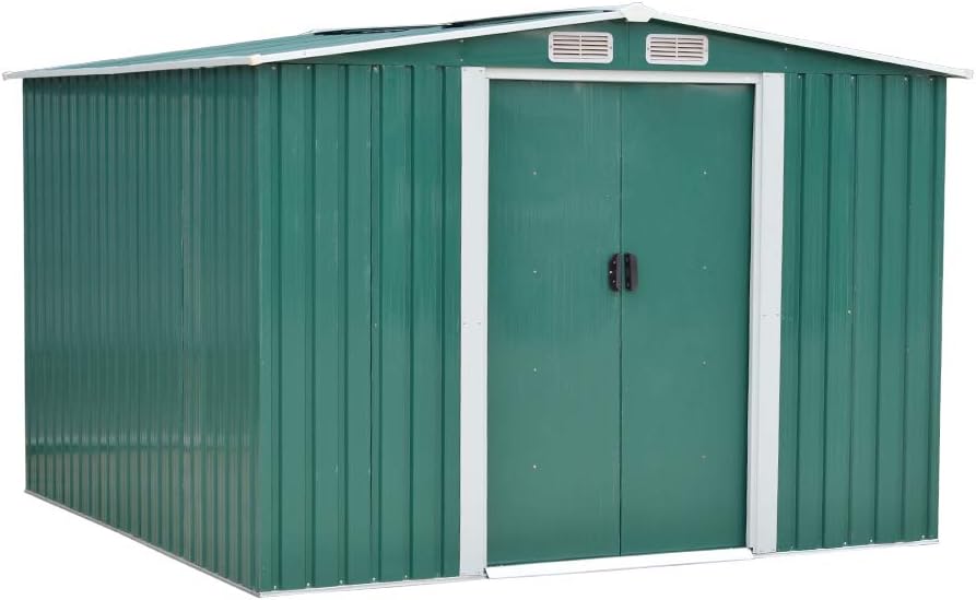 NC 8x6ft Green Metal Garden Shed Apex Roof Tool Storage House with Door on 8ft