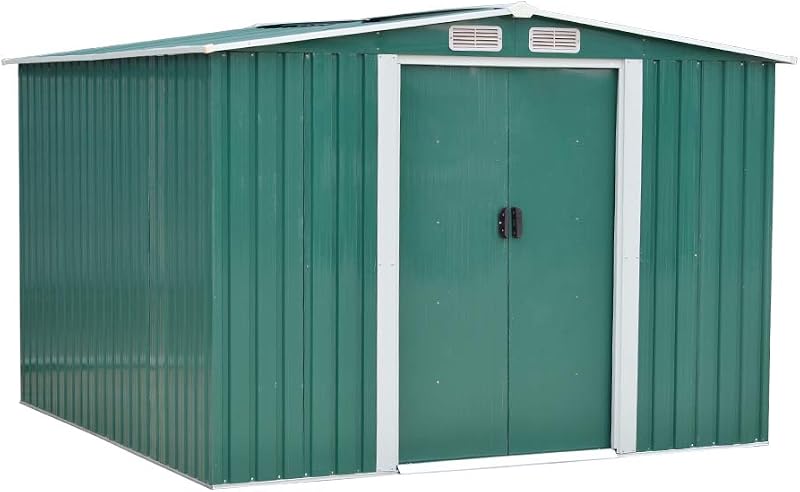 NC 8x6ft Green Metal Garden Shed Apex Roof Tool Storage House with Door on 8ft