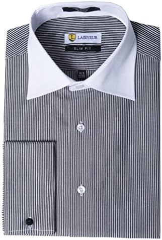 Labiyeur Men's Slim Fit French Cuff Striped Dress Shirt 15.5 | 34-35 Black/White