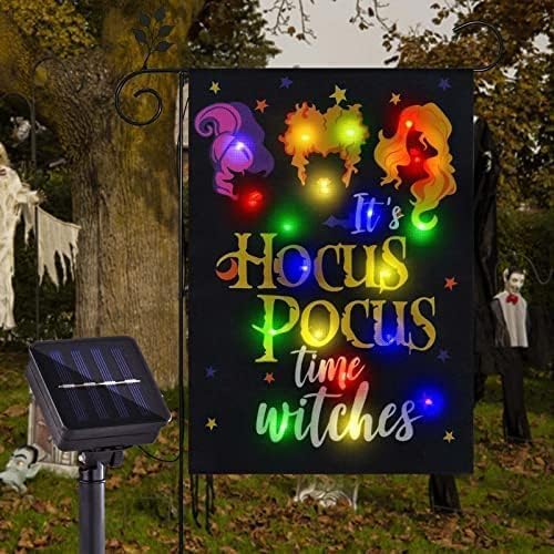Photo 1 of FLAGMESAGE Solar Lighted Halloween Garden Flag It's Hocus Pocus Time Witches Flags for Garden Patio Lawn Outside Halloween Decorations Decor