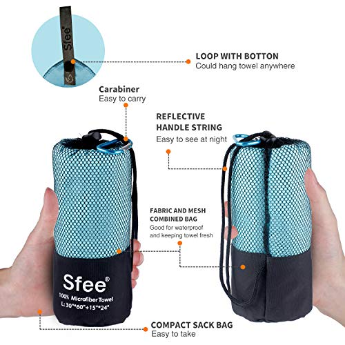 Sfee Microfiber Sport Travel Towel Set -32"x16", 2 Pack - Quick Dry Absorbent Compact Lightweight Soft Beach Yoga Bath Hand Gym Golf Towels-Fit for Outdoors Fitness Hiking Camping +Carabiner(S Mint) - Thumbnail 4