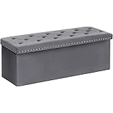 B FSOBEIIALEO Storage Ottoman Bench, Folding Tufted Ottomans with Storage, Extra Large 140L Footrest Bench for Bedroom, Luxury Velvet Fabric 43 Inches Grey