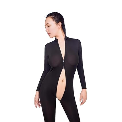 Frauen Sexy Bodysuit, Kingwo Damen Zipper Jumpsuit Langarm Geöffneter Gabelung Dessous Overalls