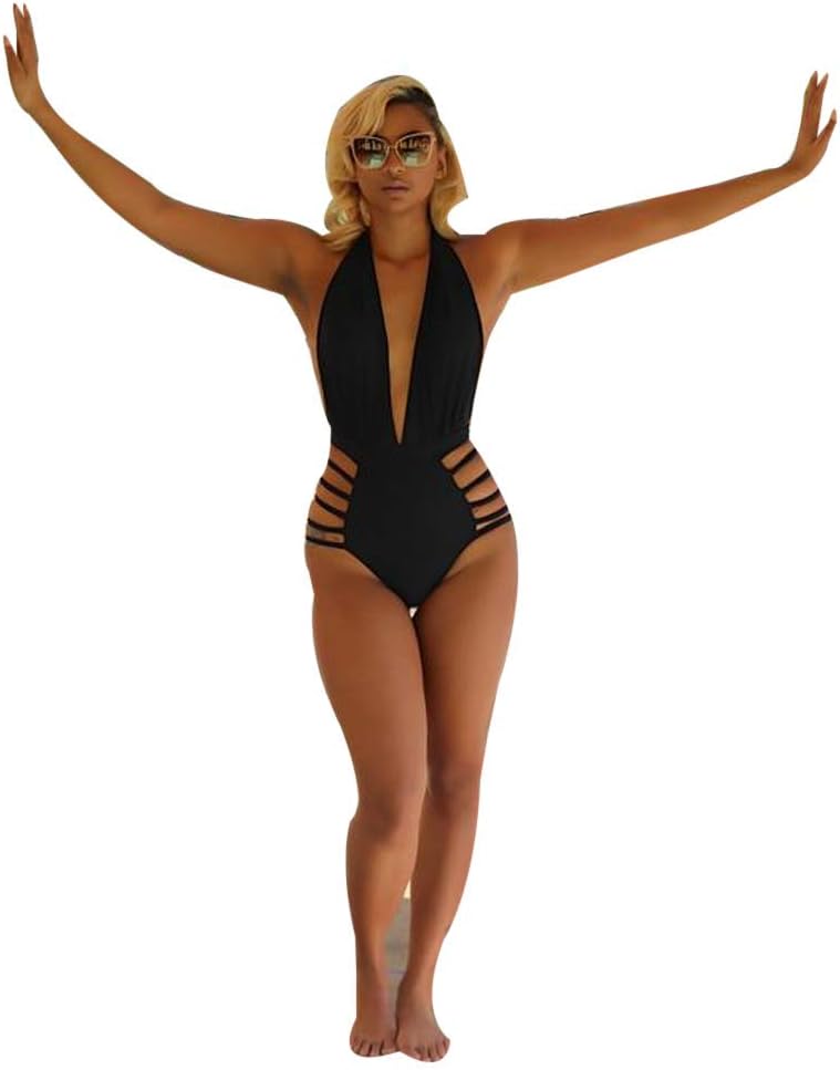 Women One Piece Swimsuits Monokini Halter Deep V Neck Criss Cross Beachwear Swimming Costume