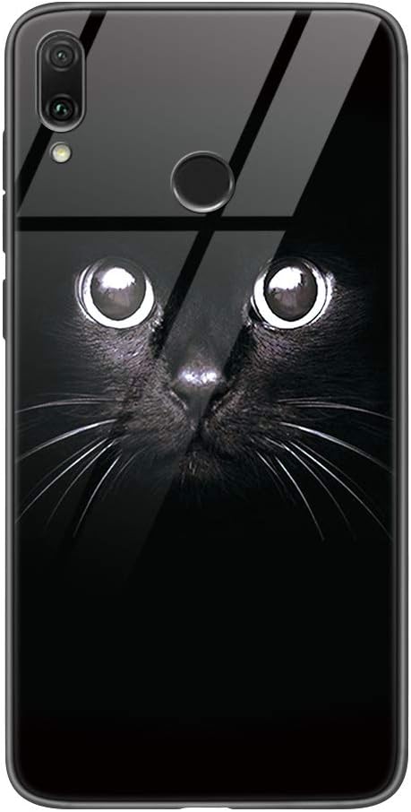 Eouine Xiaomi Redmi Note 7 Case, [Anti-Scratch] Shockproof Patterned Tempered Glass Back Cover Case with Soft Silicone Bumper for Xiaomi Redmi Note 7 Smartphone (Black Cat)