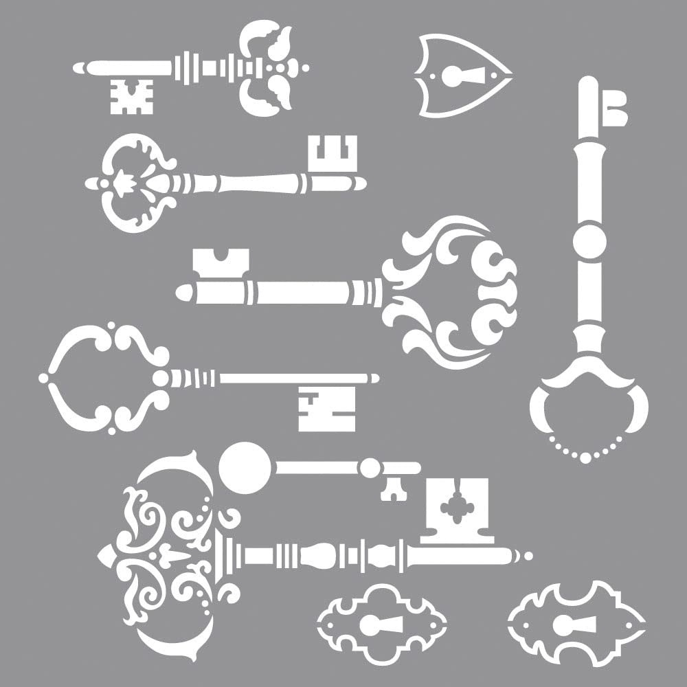 Rayher 38911000 Reusable Stencil with Vintage Key Designs, Stencil Mask for craft and home décor projects