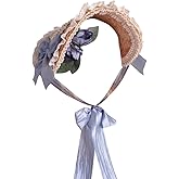 Besforta Girls Women Victorian Lolita Flat Bonnet Cap Tea Party Sun Hat Lace Bows Flower Ribbons Straw Hats