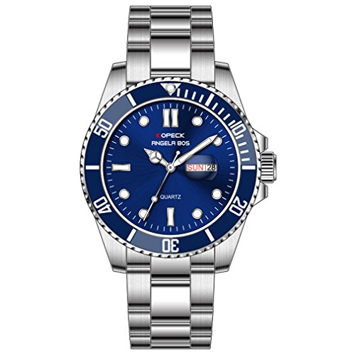 BOS Men's Analog Quartz Wrist Watch Blue Dial Calendar Classic Stainless Steel Braclet Band