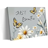QIXIANG Butterflies Flower Canvas Painting Just Breathe Wall Art Inspirational Quotes Picture Wall Decor Country Farmhouse Home Decor Framed(Grey,12L x 18W)