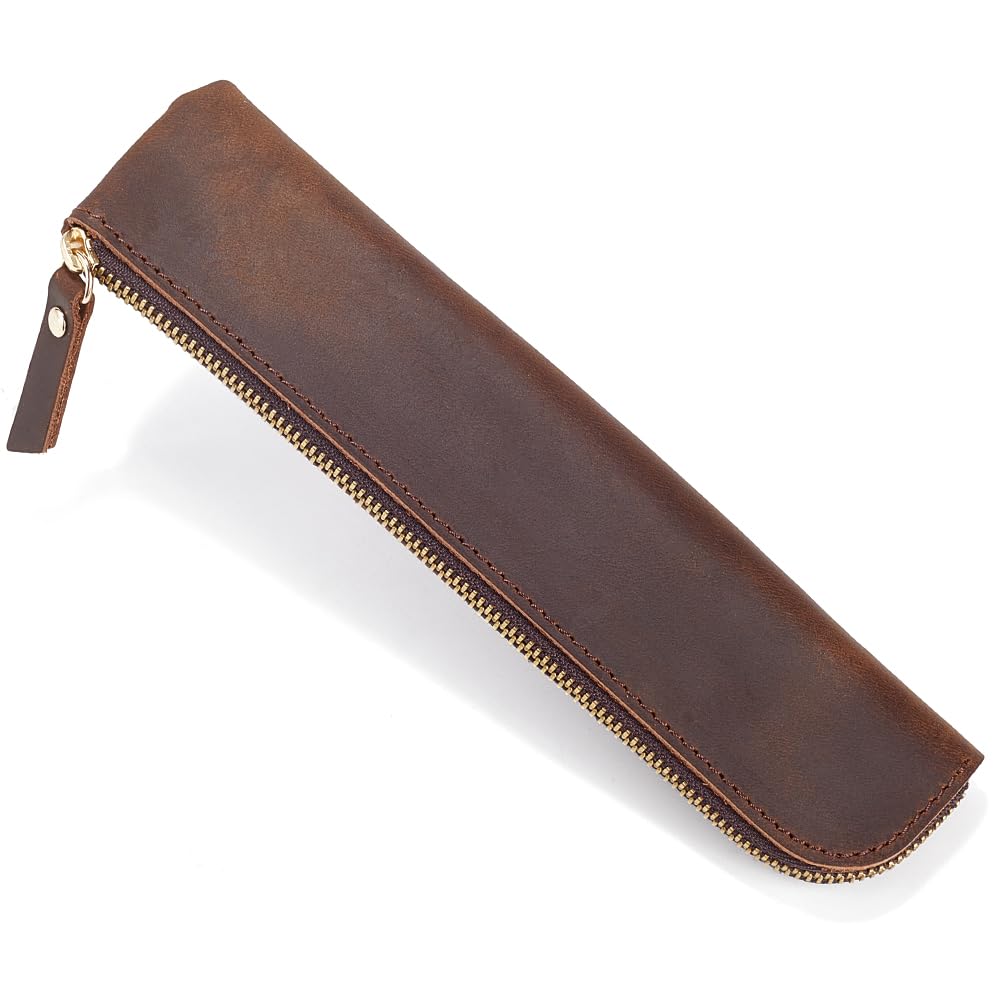 GORGECRAFT Leather Pencil Case Crazy Horse 202 * 50 * 17mm Genuine Leather Pencil Pouch Coffee Ultra Slim Rectangular Portable Zippered Pen Cases with Zipper for Men and Women Office Supplies